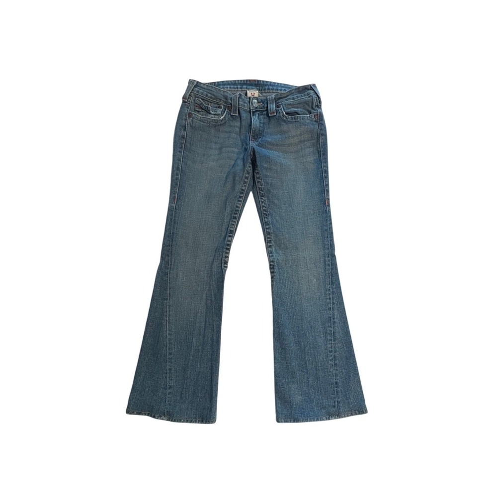 True Religion Joey Low Rise Flare Jeans Medium Wash Blue Twisted Seam Women 31